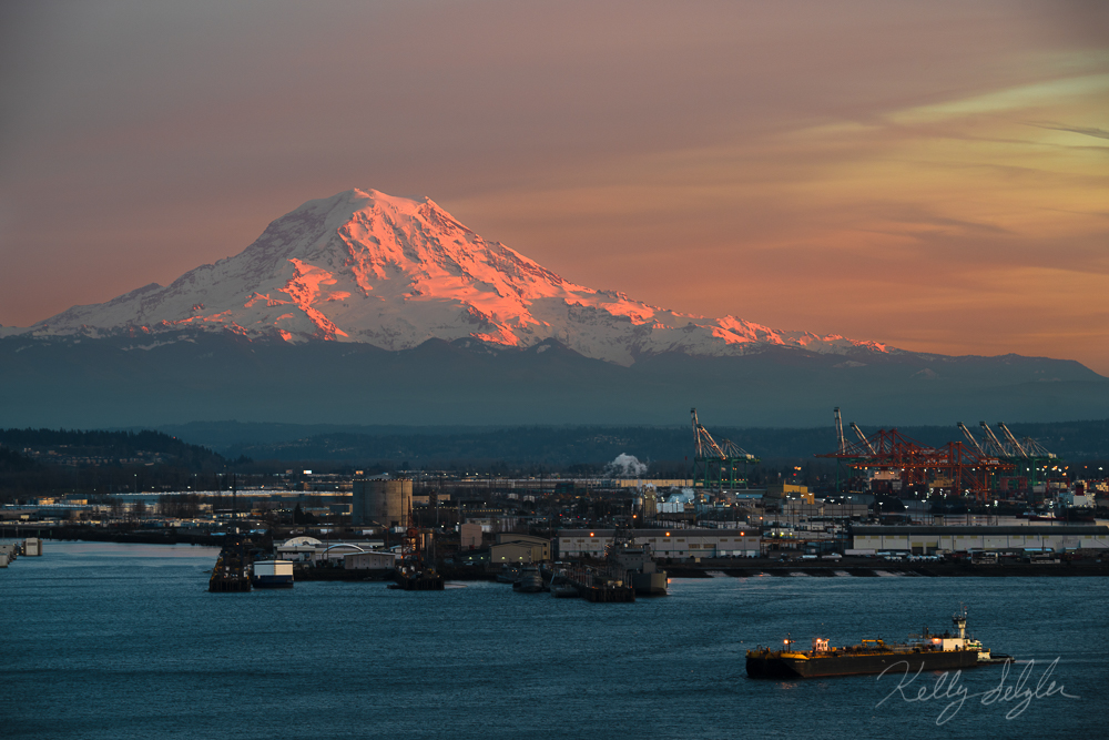 Mt. Rainier was glowing beautifully as the sun set on a cold winter evening.