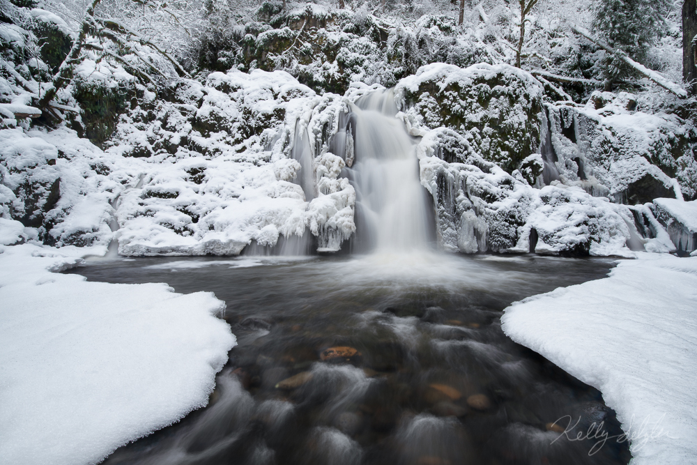 Some lowland snow allowed for some unique photos of this popular waterfall.
