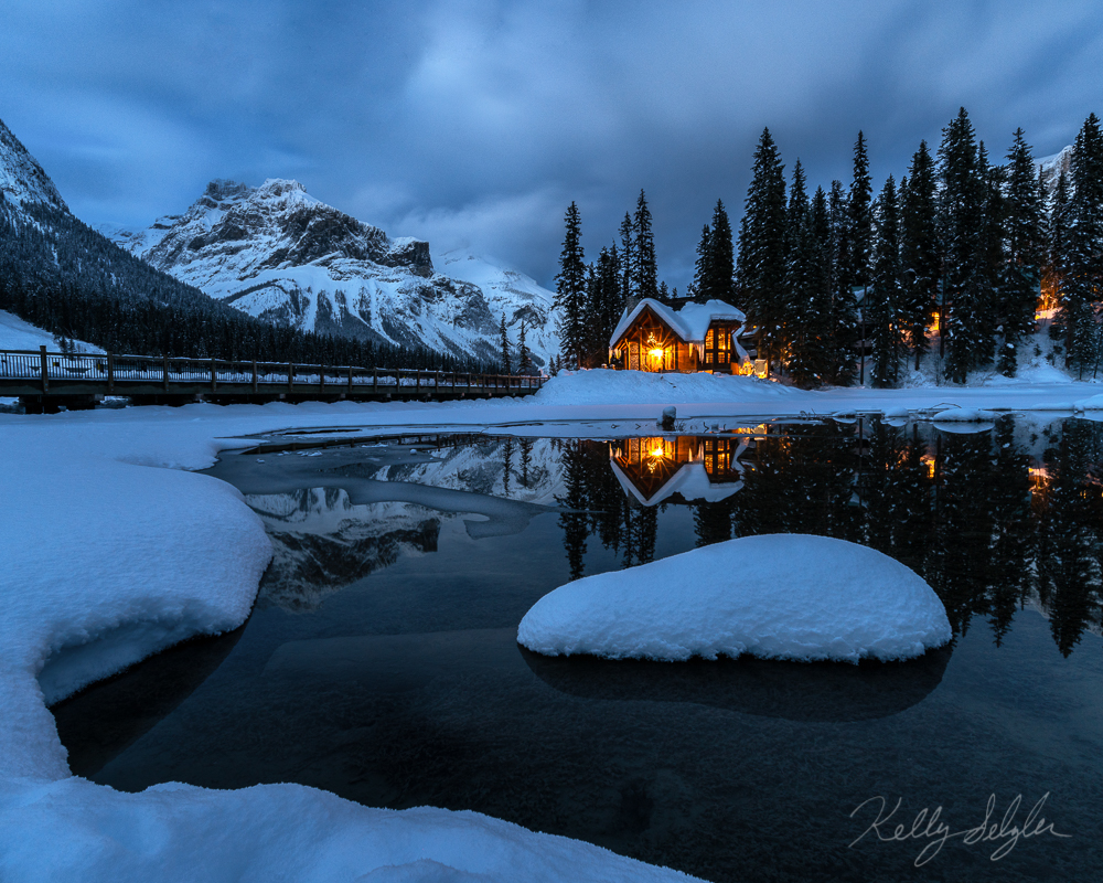 I love the warm, cozy glow of this lodge in the wintertime.